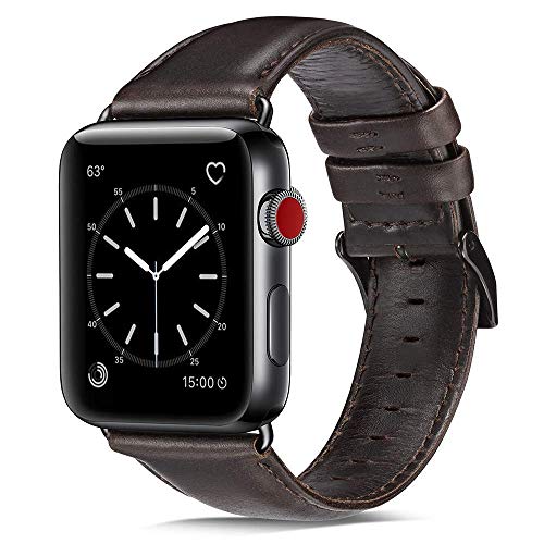 OUHENG Compatible with Apple Watch Band 42mm 44mm, Genuine Leather Band Replacement Compatible with Apple Watch Series 5 4 3 2 1 42mm 44mm Sport and Edition, Brownish Black