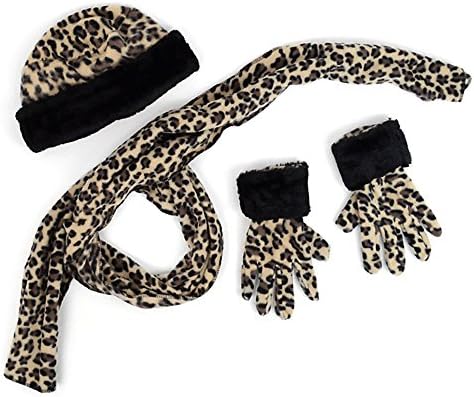Women's 3 PC Cloche Leopard Cat Faux Fur Trim Fleece Hat Scarf & Gloves Winter Set