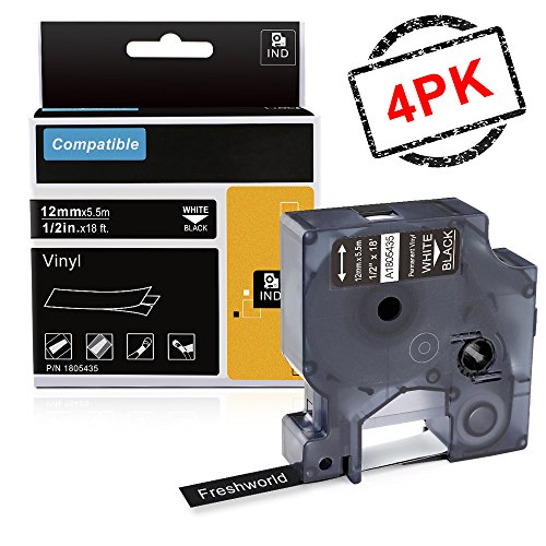 Industrial Replace Dymo Rhino A1805435 Permanent Vinyl Labels Tape, Compatible for DYMO Rhino 4200,5000,5200,6000,RhinoPro Label Maker, LabelWriter, White on Black, 1/2Inch x 18ft,(12mm x 5.5m),4-Pack