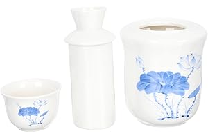 IMIKEYA Japanese Style Sake Warmer Set Ceramic Liquor Heating Pot Blue and White Porcelain 3pcs for Home