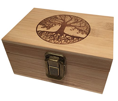 Tree of life bamboo wood stash box engraved with metal latch roll…