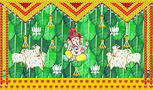 Ashvath Fashion Banana Leaf and Marigold and Lotus Flower with Cows and Ganesh ji Design Backdrop Cloth for Pooja Decoration Curtain Cloth for Festival Size 5 Feet Height and 8 Feet Width(5 * 8)
