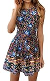 Angashion Women's O Neck Floral Print Swing Mini Dress Sleeveless Zip Up Summer Beach Dress with Belt Navy Blue S