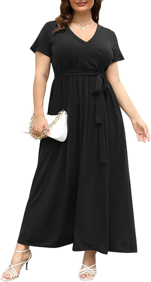 Nemidor Women's Short Sleeve Solid Plus Size Casual Party Maxi Dress  NEM243(16W, Black+Short) at Amazon Women's Clothing store