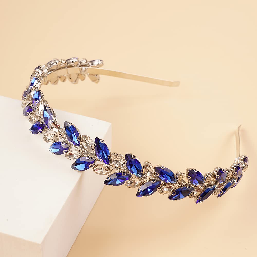Kercisbeauty Wedding Something Blue Crystal Hair Crown Wedding Bridal Handmade Silver Hair Tiara Rhinestones Headpiece for Women Girls (Blue)