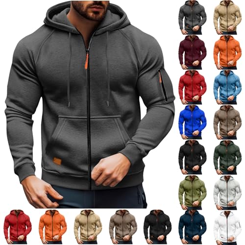 Hoodies for Men UK Full Zip Up Casual Hooded Lightweight Jackets Mens Hoodie with Pockets Comfort Outdoor Solid Color Long Sleeve Hoody Loose-fit Soft Fleece Hoodie Men Sweatshirts