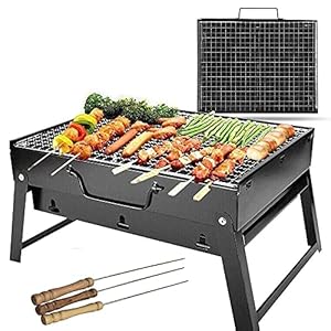 GREEVA Folding Portable Outdoor Barbeque Charcoal BBQ Grill Oven Black Carbon Steel, Black