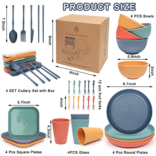 Wheat Straw Dinnerware Sets for 4, Kids Plates and Bowls Sets, Unbreakable Microwave Dishwasher Safe Tableware, Lightweight Reusable Kitchen Set Travel Camping RV Dishes