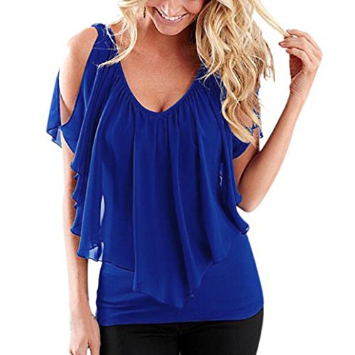 NREALY Women Summer Irregular Chiffon Blouses Off Shoulder Shirts Tops Vest Teeï¼ˆBlueï¼Œ X-Largeï¼‰