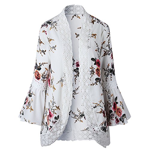 Farmerl Women Lace Floral Cape Casual Coat Loose Blouse Kimono Jacket Cardigan White