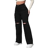 LONGBIDA Womens High Waist Ripped Straight Wide Leg Baggy Jeans Y2k Boyfriend Distressed Loose Denim Pants