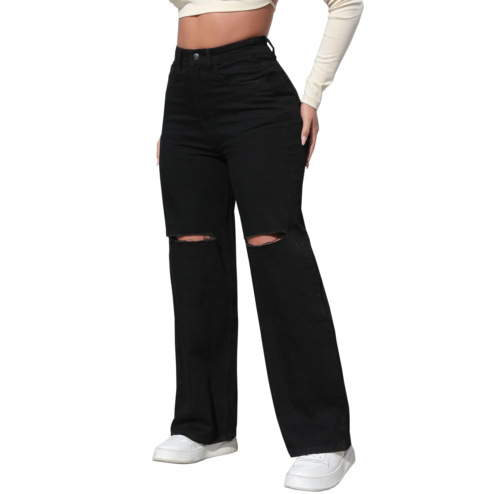 Photo 1 of LONGBIDA Womens High Waist Ripped Straight Wide Leg Baggy Jeans Y2k Boyfriend Distressed Loose Denim Pants(Black,M)