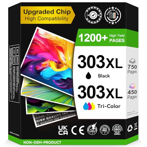 Sunnieink Ink 303XL BK/CMY - 750/450+ Pages, Replacement for HP 303 Original Cartridge Black & Colour, for HP Envy Inspire 7220e 7920e 7924e Envy Photo 6220 6230 6232 7120 7830 7930 Tango X