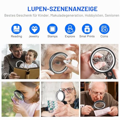 GABORISH Magnifying Glass with Light, 10X 20X 45X Handheld Magnifying Glass with 30 LED and 1 UV, Magnifying Glass for Reading, Inspection, Coins, Jewellery, Exploring, Reading Magnifying Glass for Seniors Large (Silver)