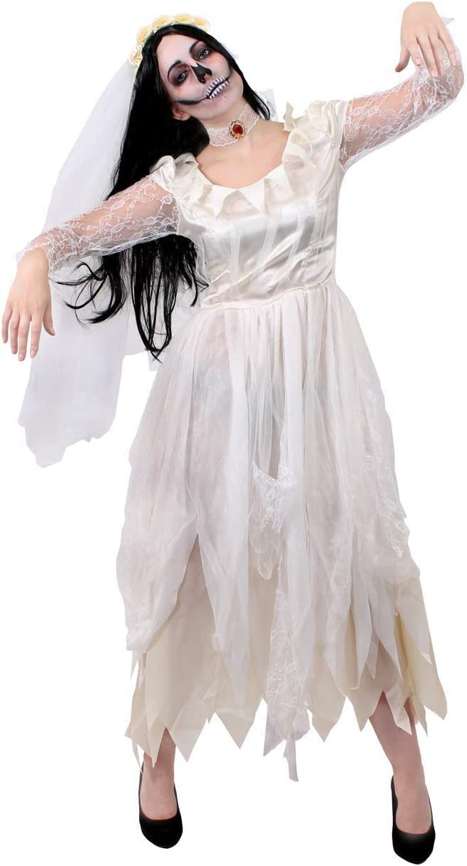 Ladies Ghost Bride Fancy Dress Costume - Halloween Corpse Bride Costume Ragged White Wedding Dress - Perfect For Halloween Or Horror Themed Parties (Medium)