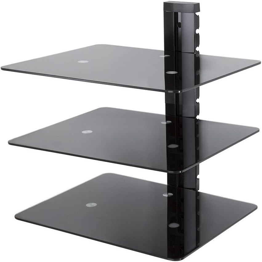 mahara Black Glass Floating Shelves, Three Tier Shelf Unit with Tempered Glass and Black Cable Management, For TV,AV & Gaming