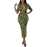 PuiLean Women's Short Sleeve Button Down Shirt Dress Casual Print Collar V Neck Midi Dresses