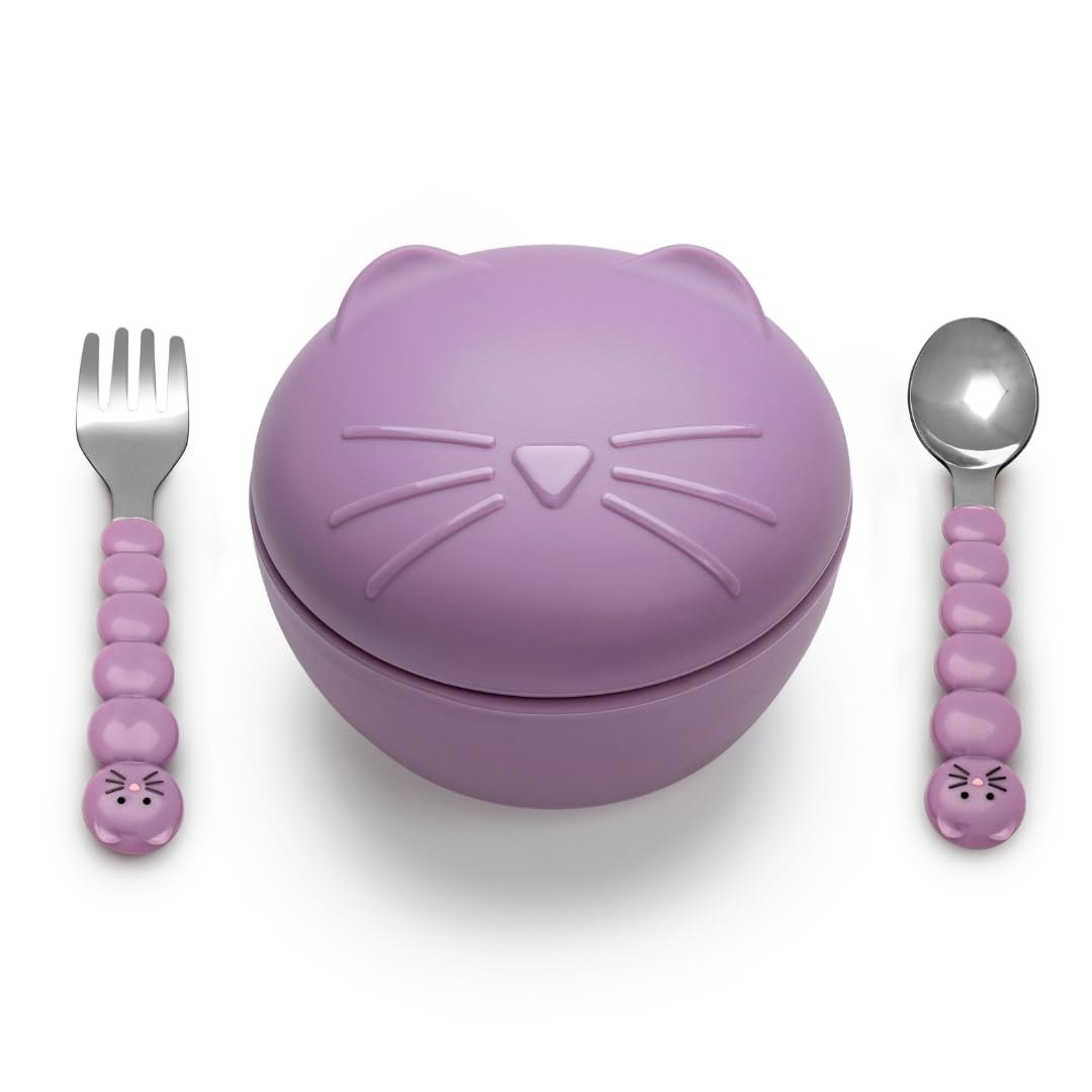 melii Silicone Bowl with Lid and Stainless Steel Utensils – BPA-Free, Leakproof Food Storage for Babies, Toddlers and Kids – 11.8 oz / 350 ml Snack Container – Dishwasher and Microwave Safe - Cat