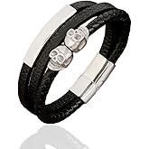 VA JENT Mens Skull Leather Bracelet Punk Cuff Bangle Stainless Steel Double Row Skull Gifts for Men