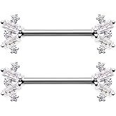 Pierced Owl 14GA Stainless Steel Stacked CZ Crystal Baguette Gem Ends Nipple Barbells, Sold as a Pair