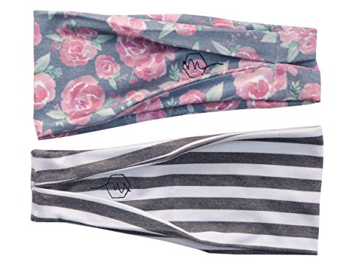 Women s Headband Yoga Running Exercise Sports Workout Athletic Gym Wide Sweat Wicking Stretchy No Slip 2 Pack Set Floral Gray Stripe "BODHI" by Maven Thread
