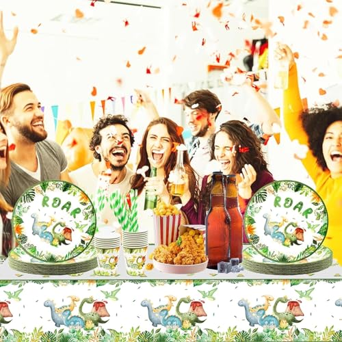KASTWAVE 101 PCS Dinosaur Birthday Party Supplies for 20 Guests - Lunriwis Theme Party Decorations With Plates, Cups, and Napkins for Kids
