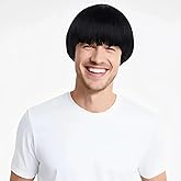Yookat 2PC Short Black Mushroom Wig and Hairnet 80s Bowl Cut Mushroom Hair Halloween Cosplay Party funny Mushroom Wig for Men