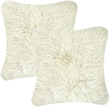 Super Silky Soft Faux Fur Square Throw Pillow Case (without Pillow Insert) 18"x 18" Pack of 2, Cozy Fluffy Plush Fuzzy Cushion Case, Home Decor for Sofa Couch Chair Bed, Solid Ivory White