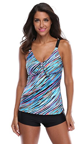 Attraco Women's Oceanic Stripes Two Piece Swimsuit Tankini for Women Purple 14