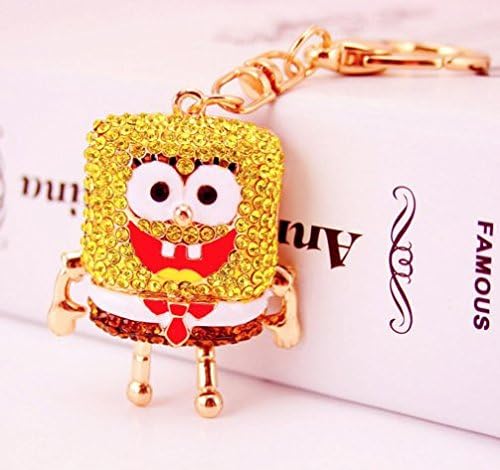 Gift Idea Special 3D SpongeBob Figure New Fashion Rhinestone Crystal Keychain Purse Clipper Chain Gift with Wooden Textured Charms for Good Luck &amp; Repel Evil