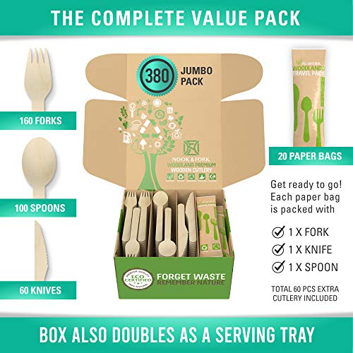 Woodland Premium Disposable Wooden Cutlery 380 Pieces Jumbo Pack of