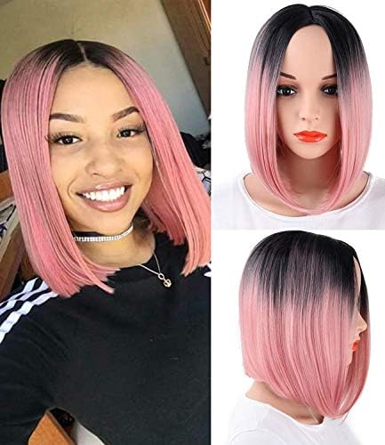 Aligogo 12" Ombre Pink Color Synthetic Hair Wig Short Straight Bob Wig for Woman wig cap (1B#/Pink)