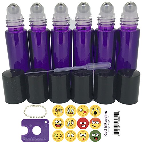 Got Oil Supplies 10ml Roller Bottles For Essential Oils - Includes 12 Free Emoji Lid Stickers, Rollerball Insert Tool & Pipette - 6 or 12 Packs In Multiple Colors (6 Pack, Purple)