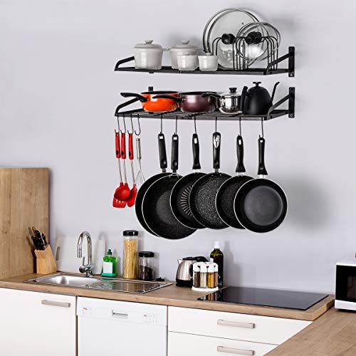 Sunix Pan Pot Rack, Wall Mounted 2-Tier Pan Hanging Racks, Pot Shelf Organizer with 10 Hooks and Pot Lids Holder