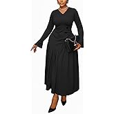 Fooullaide Women's Pleated Midi Dress Elegant V-Neck Bell Sleeve Ruched A-Line Dress for Wedding Guest, Office & Party