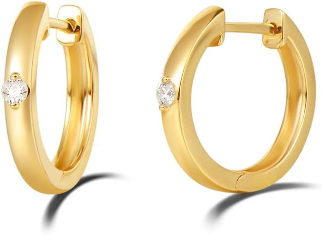 Solid 14K White/Yellow Gold 0.10cttw Solitaire Diamond Tiny Small Gold Huggie Hoop Earrings Fine Jewelry For Women Girls, 14mm