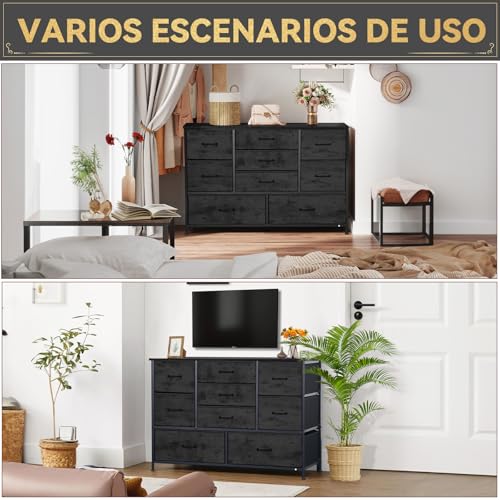FURRIFIC Cómoda Gran Capacidad de 9 Cajones,100 * 75 * 30cm,Cajonera para Recamara,Ropa,Hogar Y Oficina,Organizador Cajonera de Estructura Metal con Cajones de Tela en 3 Tamaños,Negro