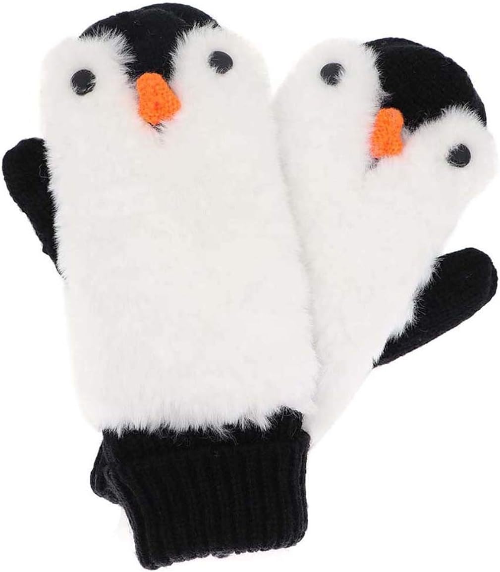 Women Penguin Mitten Gloves Winter Warm Lining Cozy Knit Pluffy Fuzzy