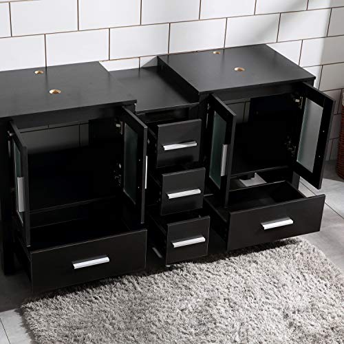 60" Bathroom Vanity Cabinet Double Top Sink Combo Black MDF Wood w/Mirror Faucet and Drain