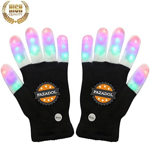 Premium LED Flashing Light Gloves By Fazadol - 7 Colors &amp; 6 Modes - Elastic Fit Cotton / Polyester Material - Replaceable Batteries - Perfect For Parties, Halloween, Raves, Clubbing, Dancing for Kids