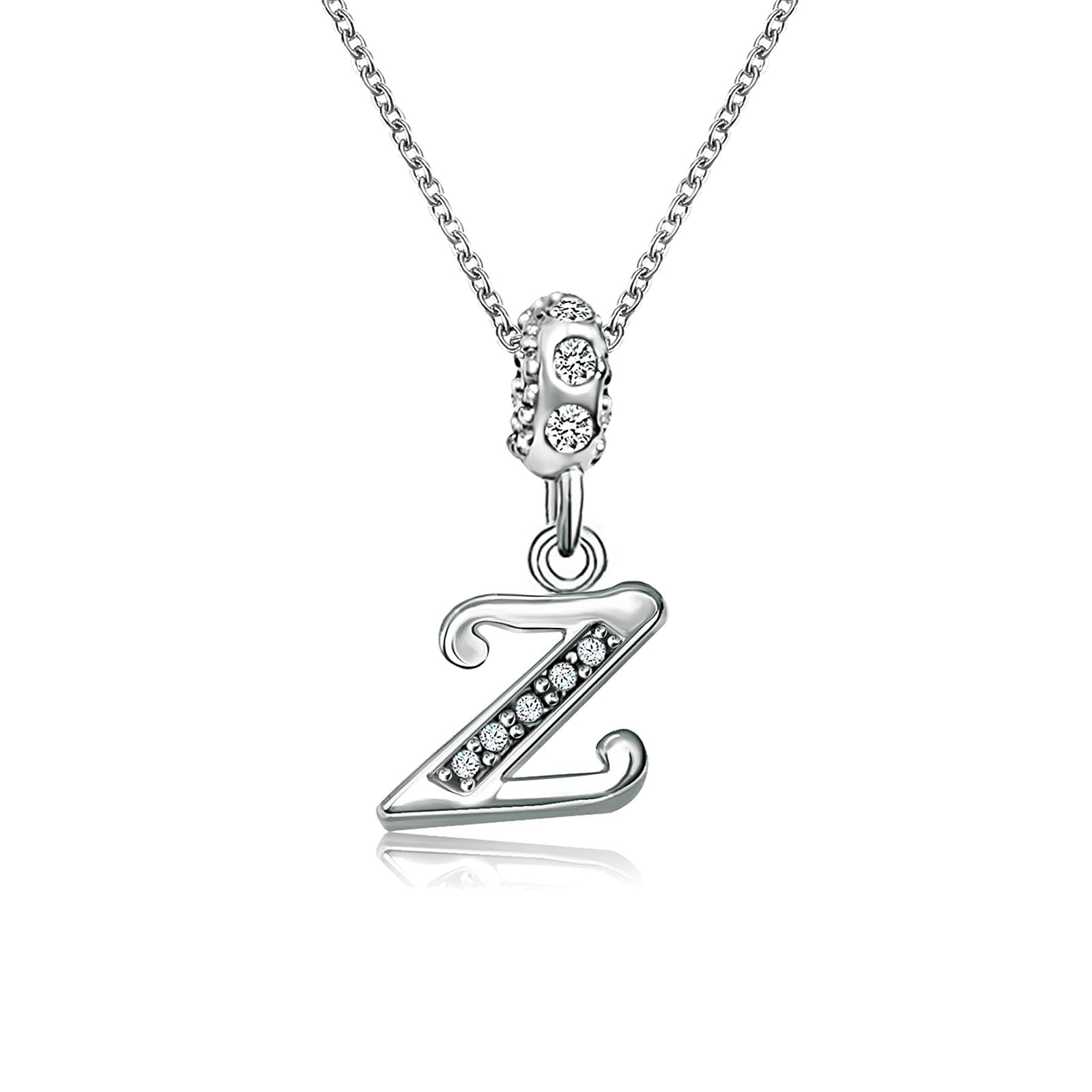 KunBead Jewelry 18 inch Letter Z Initial Crystal Alphabet Name Silver Charm Pendant Necklace