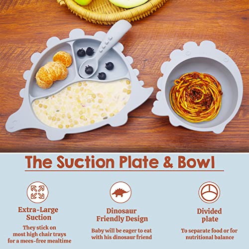 Baby Suction Plates Bowls & Spoon Utensils, Toddler Led Weaning Supplies, Self Feeding 6 Months, Silicone Plate Bib Set for 6+, Toddlers Eating Bowl, First Stage Dishes, Infant Babies Meals Dish