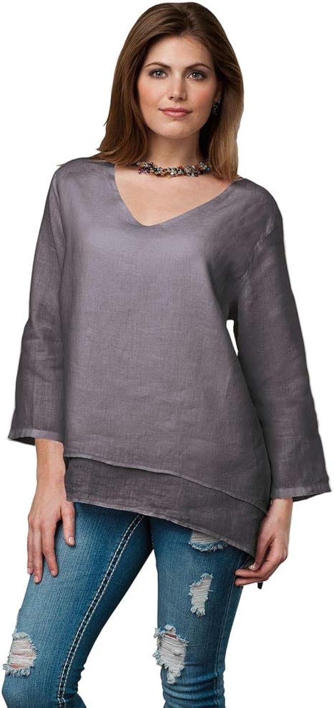 Women's Easy Fit Double Layer Garment Dyed Linen Tunic Top at Amazon