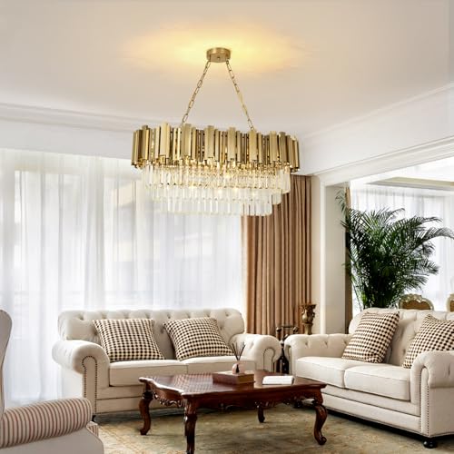 AOOCHOK Modern Gold Crystal Chandelier, Oval Crystal Chandelier, Suitable for Living Room, Dining Room, Bedroom and Restaurant, 80*35cm