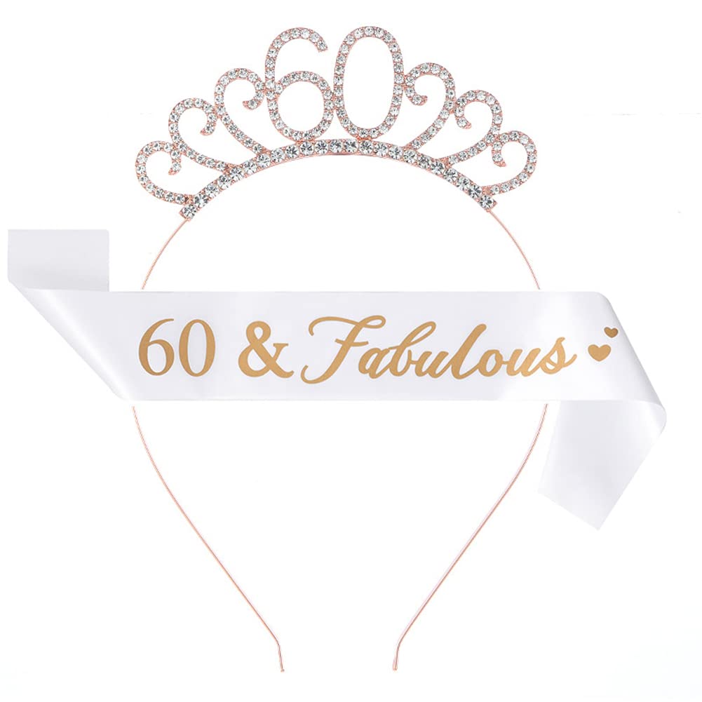Suithink Birthday Tiara and Sash, 60th Fabulous Glitter Satin Sash and Crystal Tiara Birthday Crown for Women Birthday Party Decorations (60th)