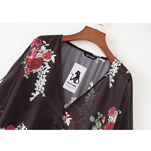 Usstore Women Elegant Print Shawl Kimono Cardigan Blouse Cover Up Beachwear (Black, 3XL) - Thumbnail 7