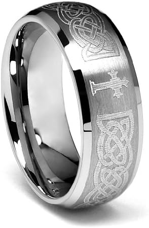 *** LASER ENGRAVING SERVICE *** 8mm Braid Pattern Laser Engraved Celtic Design with Cross Men's Tungsten Wedding Band - Size 8