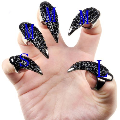 Umiwe(TM) Punk Style Crystal Rhinestones Paved Claw Fake False Nails Set (Black,5PCS) With Umiwe Accessory