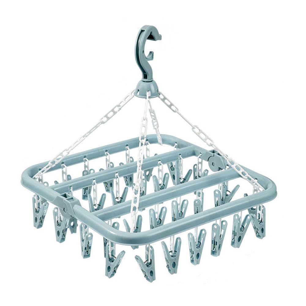 OHAOLYLE Clothes Drying Hanger,Drip Foldable Hanging Sock Rack with 32 Clips,Folding Laundry Hanger,Hanging Drying Rack,Multifunction clothes drying rack，Rotary Wind-sock hanger(Blue)