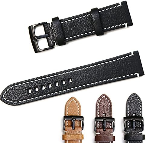 Shine Grace 18 19 20 21 22mm Genuine Calfskin Leather Watch Band Padded Strap Steel Spring Bar Buckle Super Soft (22mm, Black Buckle/Black)